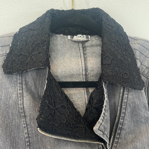 Paris Hues Black Denim & Lace Moto Jacket Cropped Size Small - Picture 5 of 15